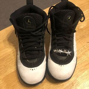 Jordan black white and gold Jumpman Pro youth sneakers tennis shoes, size 4.5